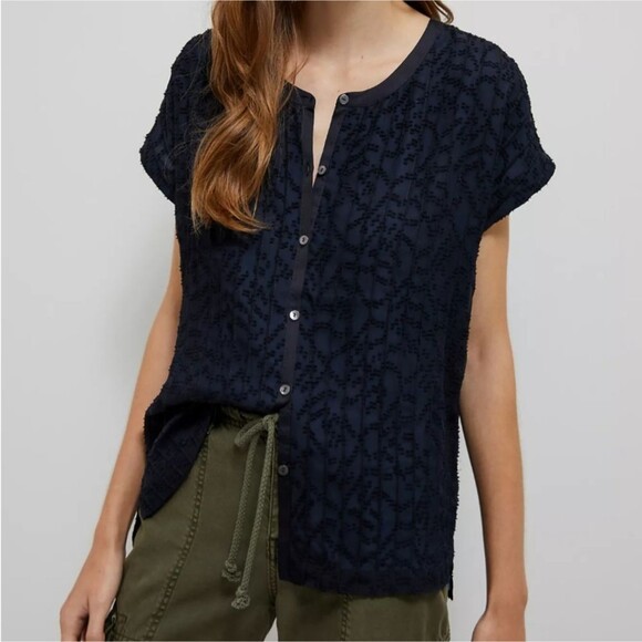 Tiny Anthropologie Niemh Textured Buttondown Blouse/Top Navy Blue Size Small